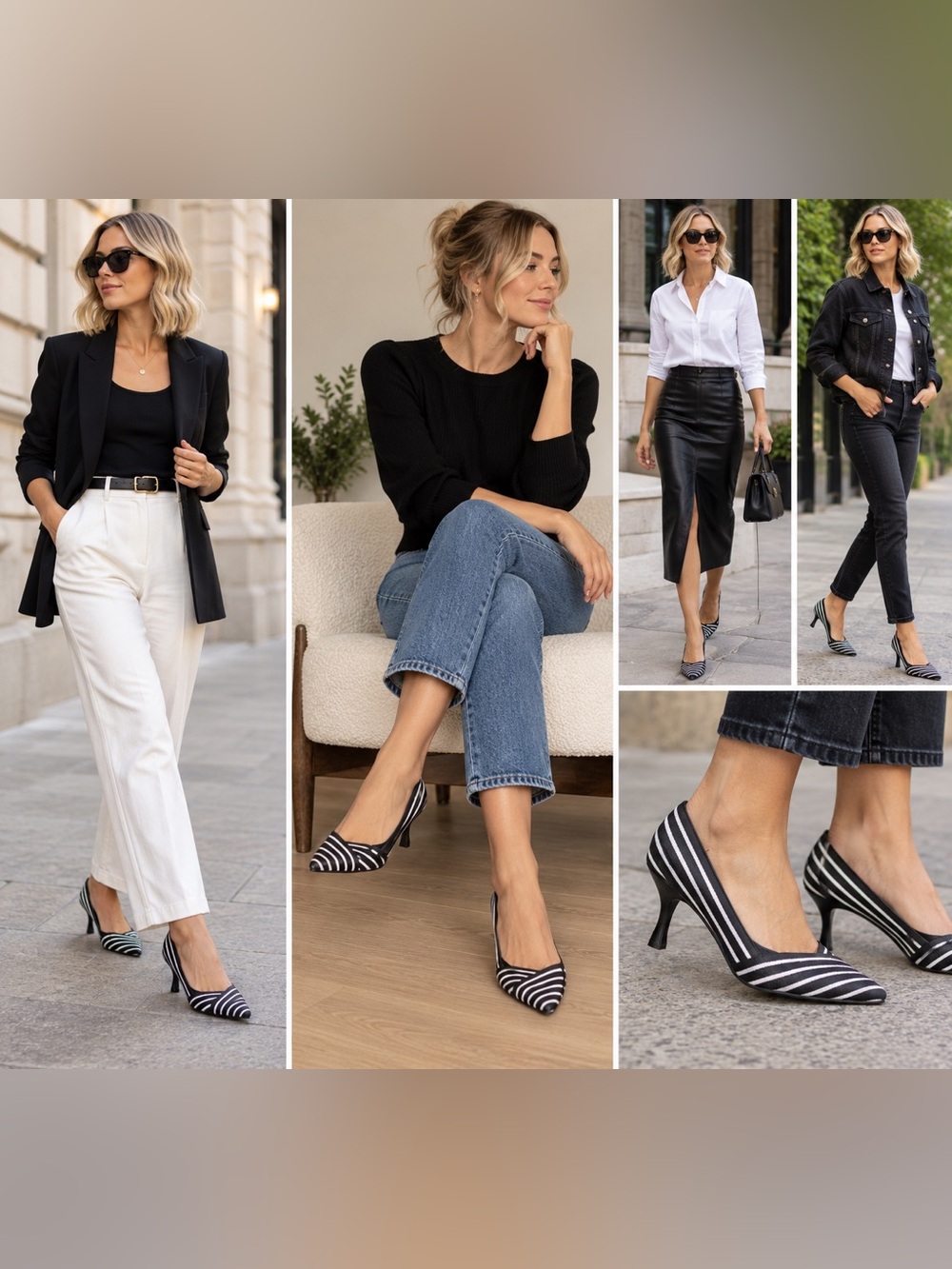 Impo Vault Striped Pointed Toe Pumps Heels Black White Size 8.5